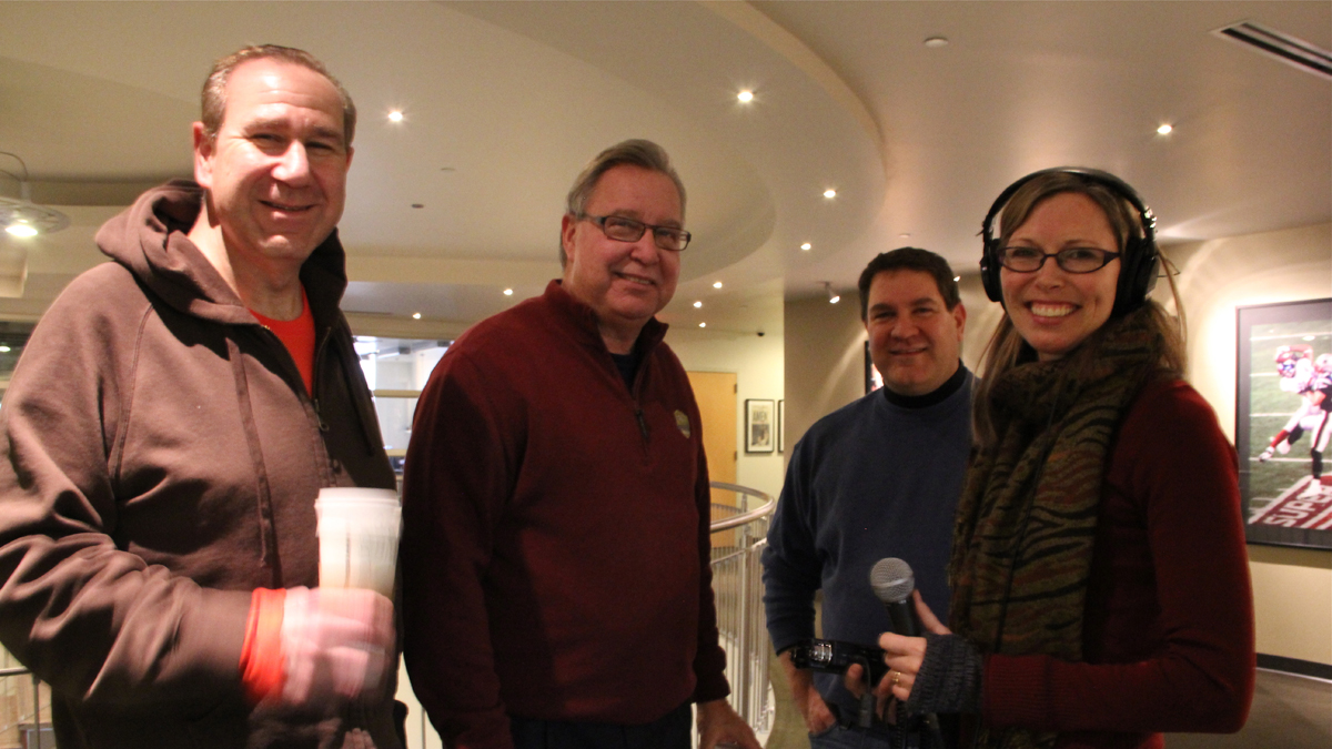  During her tour of NFL Films, Jennifer Lynn runs into announcers Greg Cosell (nephew of Howard) and Ron Jaworski. (Emma Lee/for NewsWorks) 