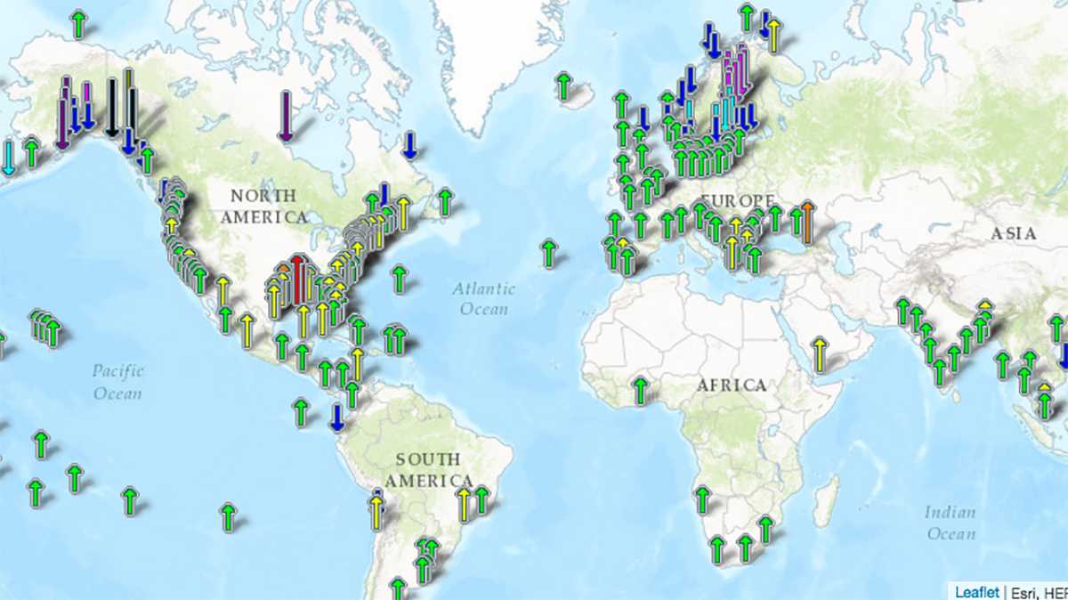  A National Oceanic and Atmospheric Administration map showing where sea levels are rising and where they're falling. The colors represent the rate of change. (NOAA) 