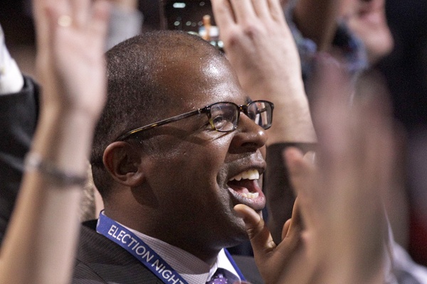 <p>Supporters cheer as election results are announced at the election night party for President Barack Obama Tuesday, Nov. 6, 2012, in Chicago. (AP Photo/M. Spencer Green)</p>
