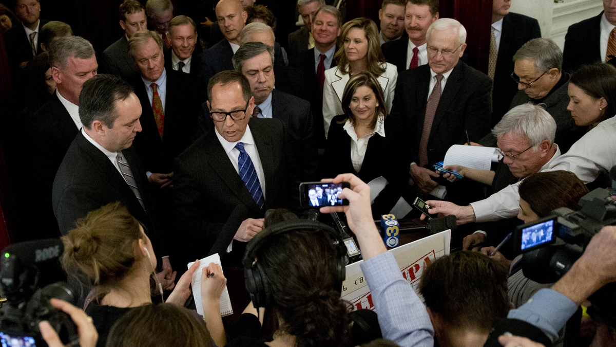  Pennsylvania Senate President Pro Tempore Joe Scarnati, R-Jefferson County, center left, speaks to members of the media after Gov. Tom Wolf delivered his budget address for the 2015-16 fiscal year. (AP Photo/Matt Rourke) 
