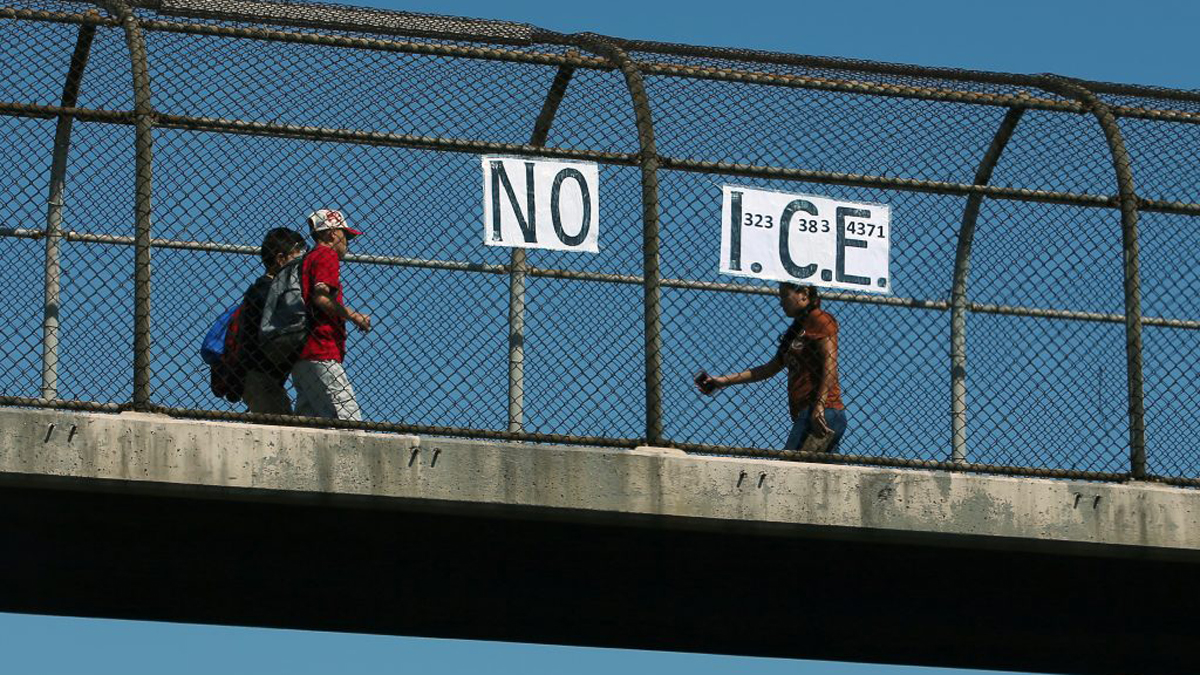  A 'NO I.C.E.' (U.S. Immigration and Customs Enforcement) sign seen on a pedestrian overpass crossing a freeway in Los Angeles, California. (Mike Blake/Reuters) 