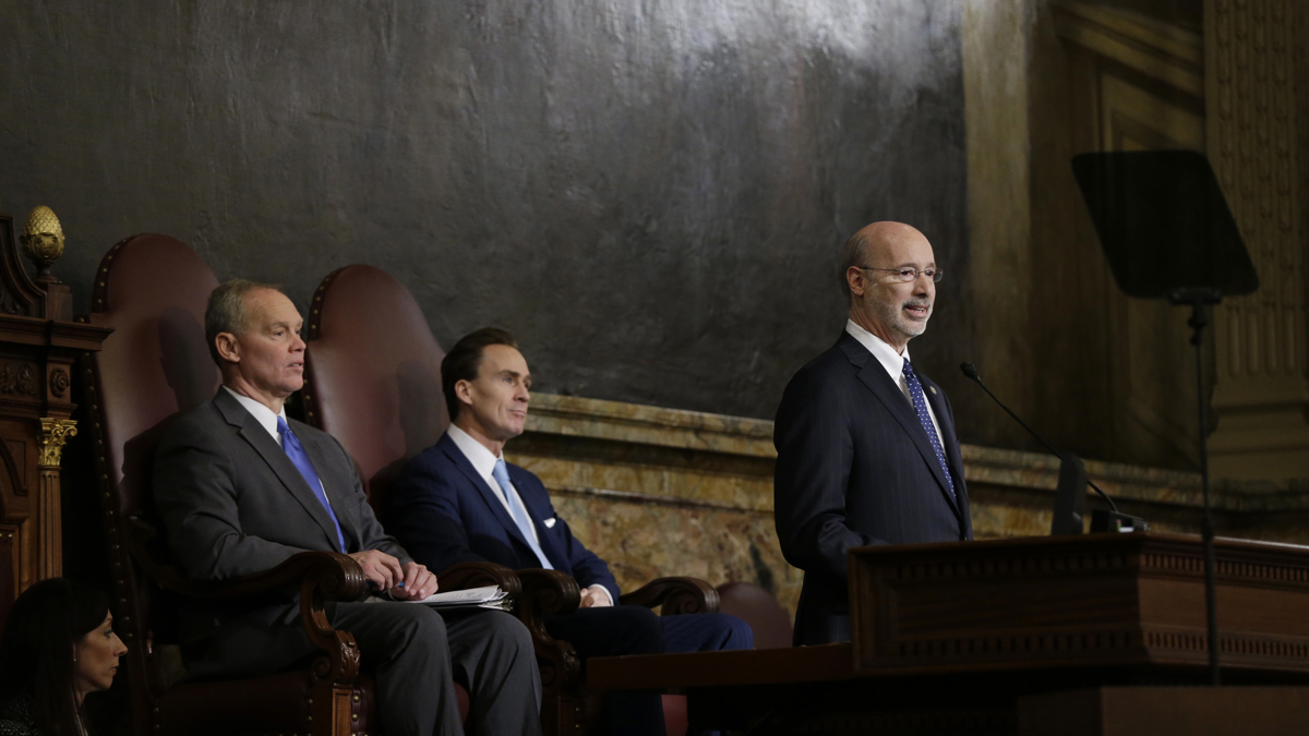  Gov. Tom Wolf (right) delivers his budget address for the 2015-16 fiscal year to a joint session of the Pennsylvania House and Senate on March 3, 2015, in Harrisburg, Pa. Speaker of the House of Representatives, Rep. Mike Turzai, R-Allegheny, is at left, and Lt. Gov. Michael Stack, is at center. (AP Photo/Matt Rourke) 