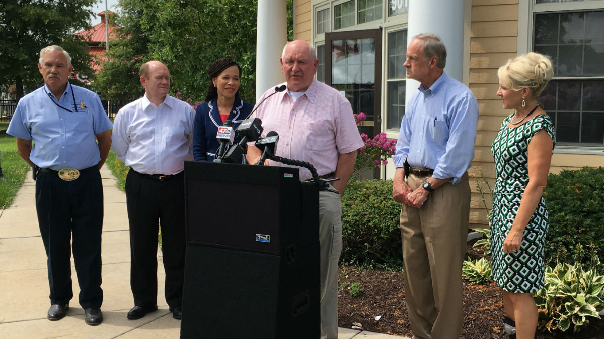  U.S. Secretary of Agriculture Sonny Perdue talks outside at the Delaware State Fair in Harrington. (Mark Eichmann/WHYY) 