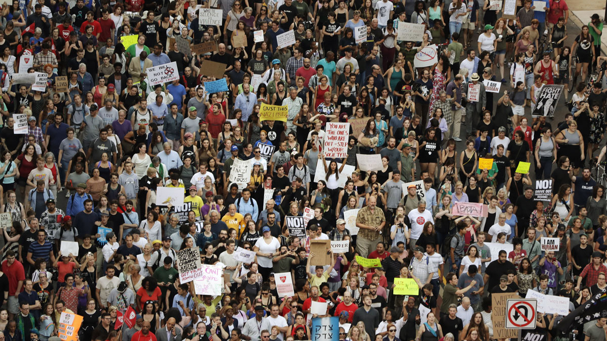  Protesters march down North Broad street in Philadelphia, Wednesday, Aug. 16, 2017, in response to a white nationalist rally held in Charlottesville, Va., over the weekend. (AP Photo/Matt Slocum) 