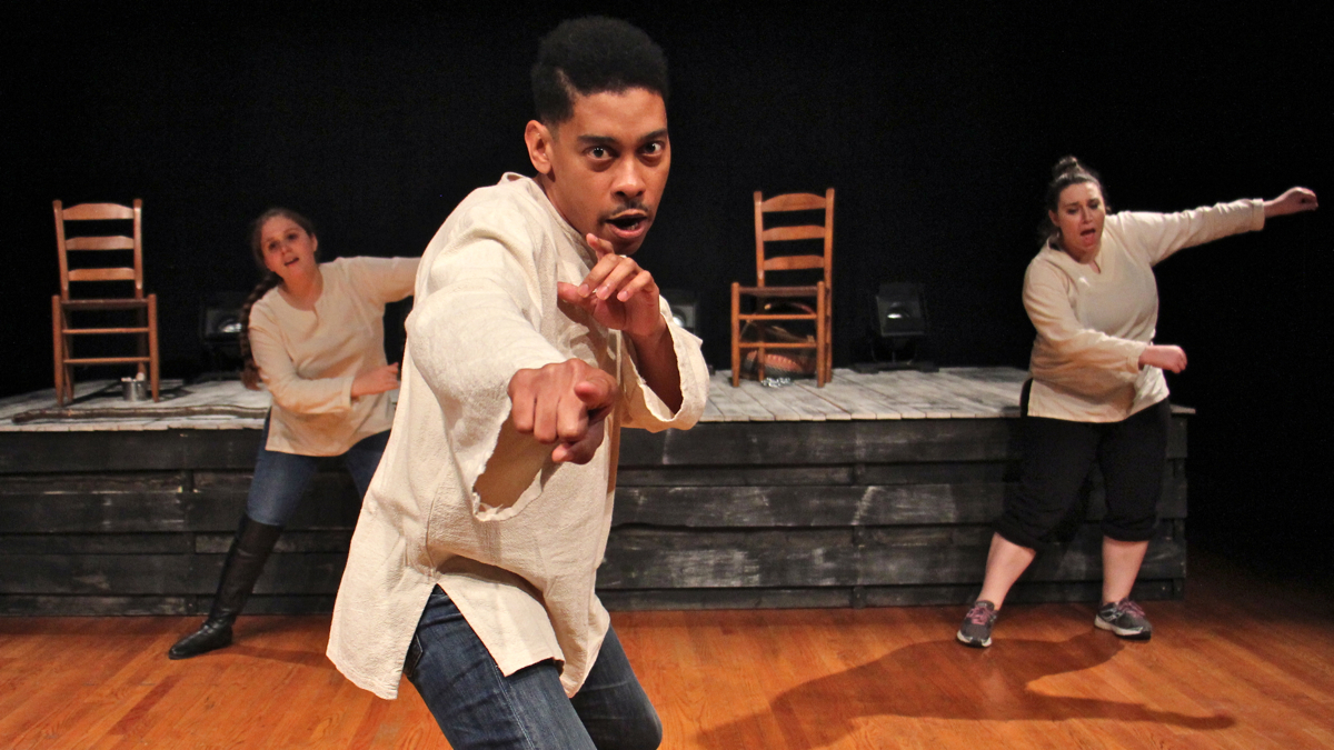  Pulley & Buttonhole Theatre Company players (from left) Juliet Davida Klinman, Quinton J. Alexander and Charly Sarah Klinman rehearse for Lynn Nottage's 