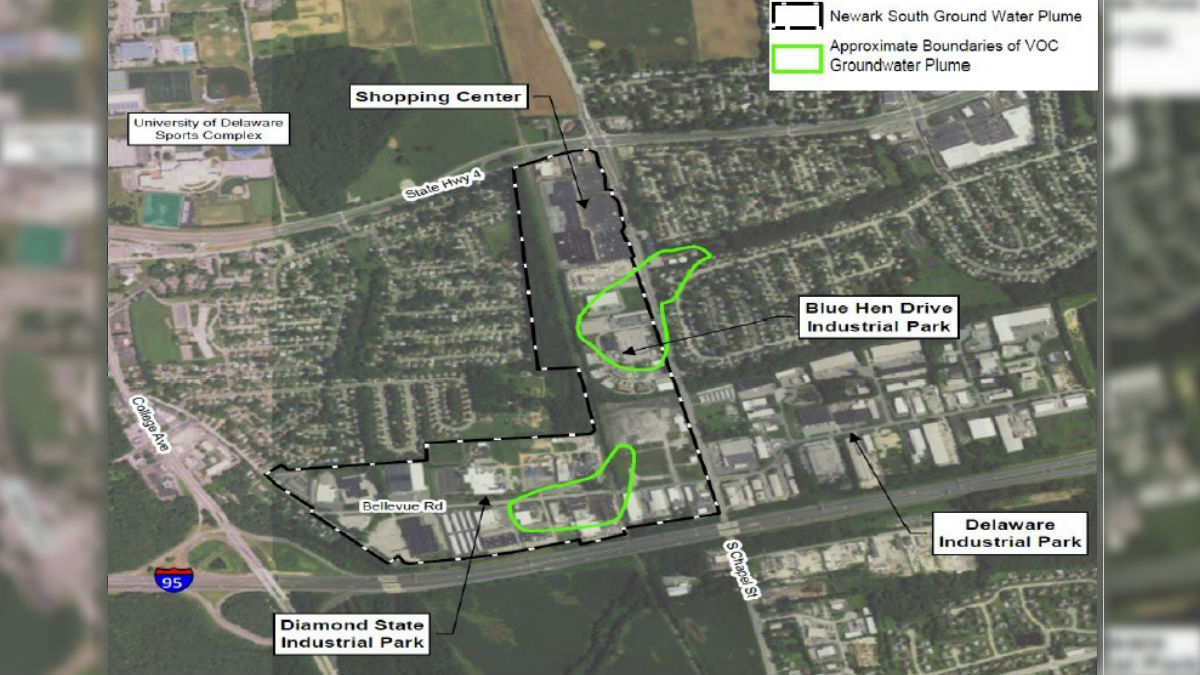  This DNREC map shows the location of the Newark South Ground Water Plume outlined in black. (DNREC photo) 
