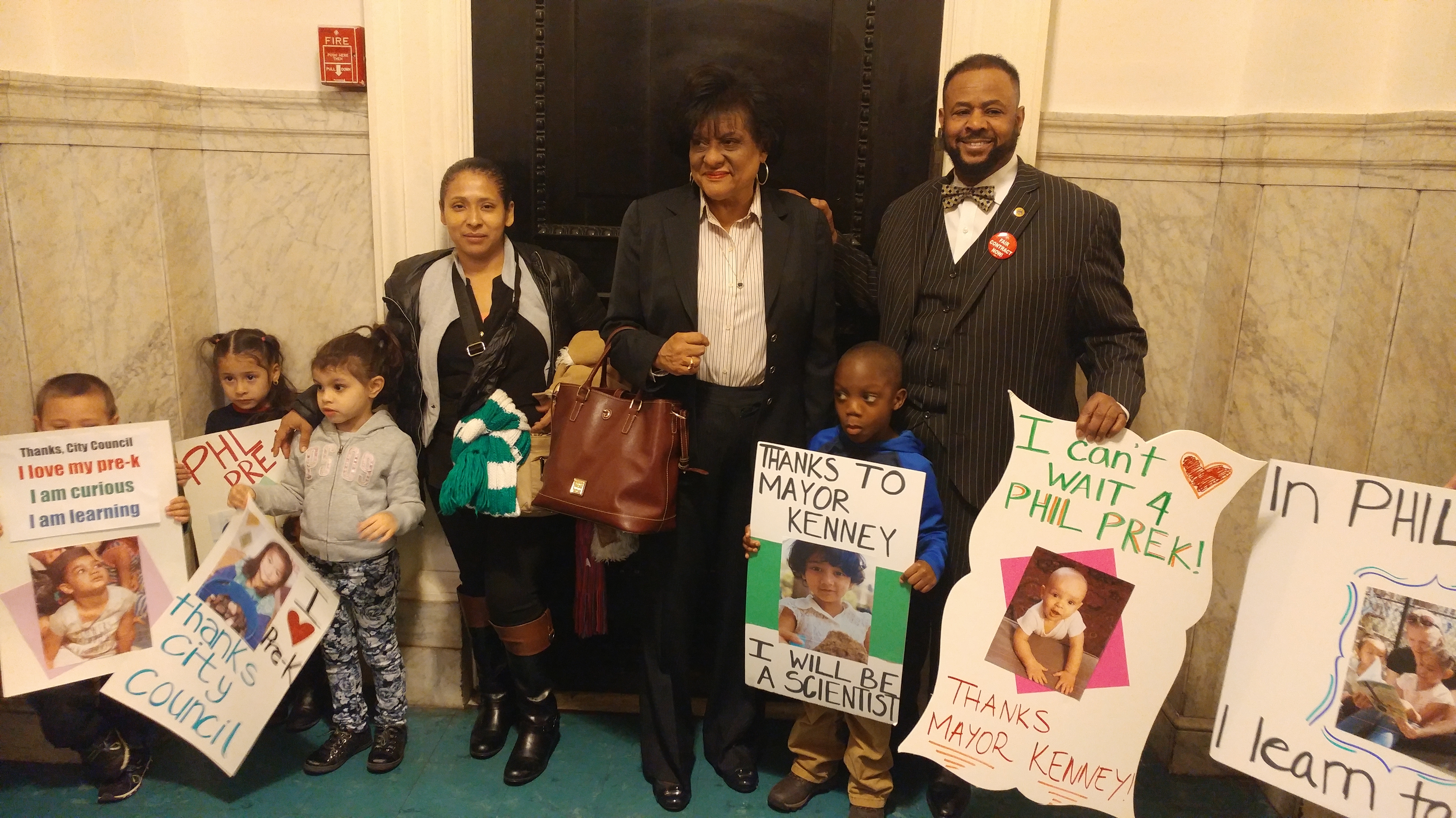  Philadelphia City Council members meet  pre-K students outside their caucus room in City Hall Thursday. (Tom MacDonald/WHYY) 