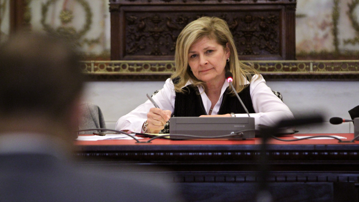 Universal Pre-K Commission Co-chair Sharon Easterling listens to testimony Monday during a public hearing at City Hall. (Emma Lee/WHYY)