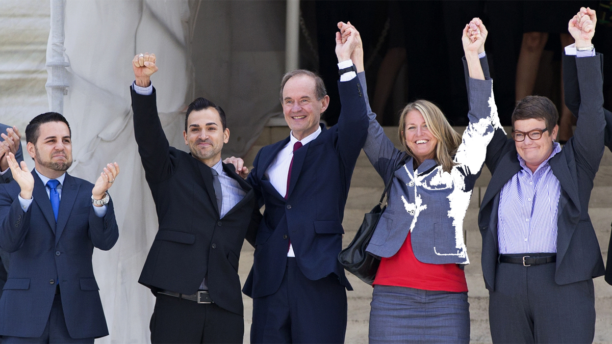  Hollingsworth v. Perry, the California Proposition 8 case, react on steps of the Supreme Court in Washington on Wednesday after justices cleared the way for the resumption of same-sex marriage in California. From left: Jeff Zarrillo, his partner Paul Katami, attorney David Boies, Sandy Stier and her partner Kris Perry. (AP Photo/J. Scott Applewhite) 