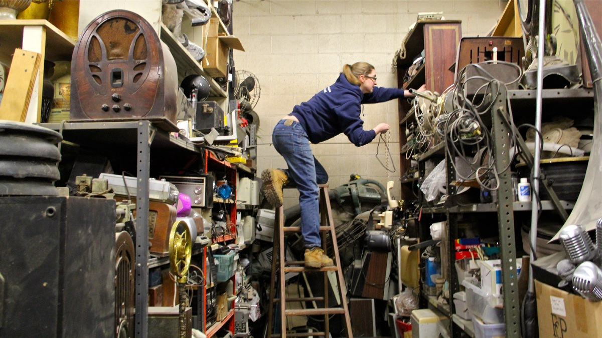  Props apprentice Shannon O'Brien searches for a period-appropriate telephone cord for 