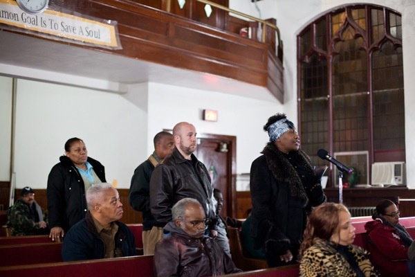 <p><p>Kimberly Mathis, a Germantown resident and director with Habitat for Humanity, expresses concerns about the seemingly never-ending project to PHA representatives. (Brad Larrison/for NewsWorks)</p></p>
