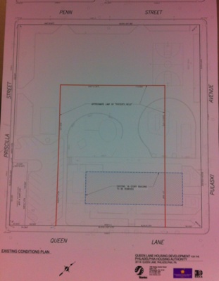 <p><p>Red area is the Potter's Field, blue rectangle is the existing building footprint. (Amy Z. Quinn/for NewsWorks)</p></p>
