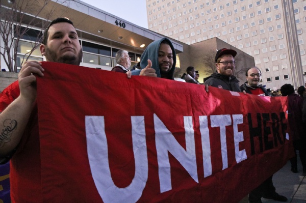<p><p>Rich Costanzo, Floyd Steadly, Jesse Seitel and Joe Pags attended the rally to represent Local Unions 634, 54, and 274. (Kimberly Paynter/WHYY)</p></p>
