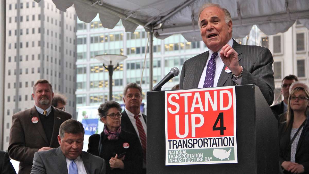 Former Pennsylvania Gov. Ed Rendell speaks at a rally on Dilworth Plaza urging federal funding for transportation infrastructure improvements. (Emma Lee/WHYY)