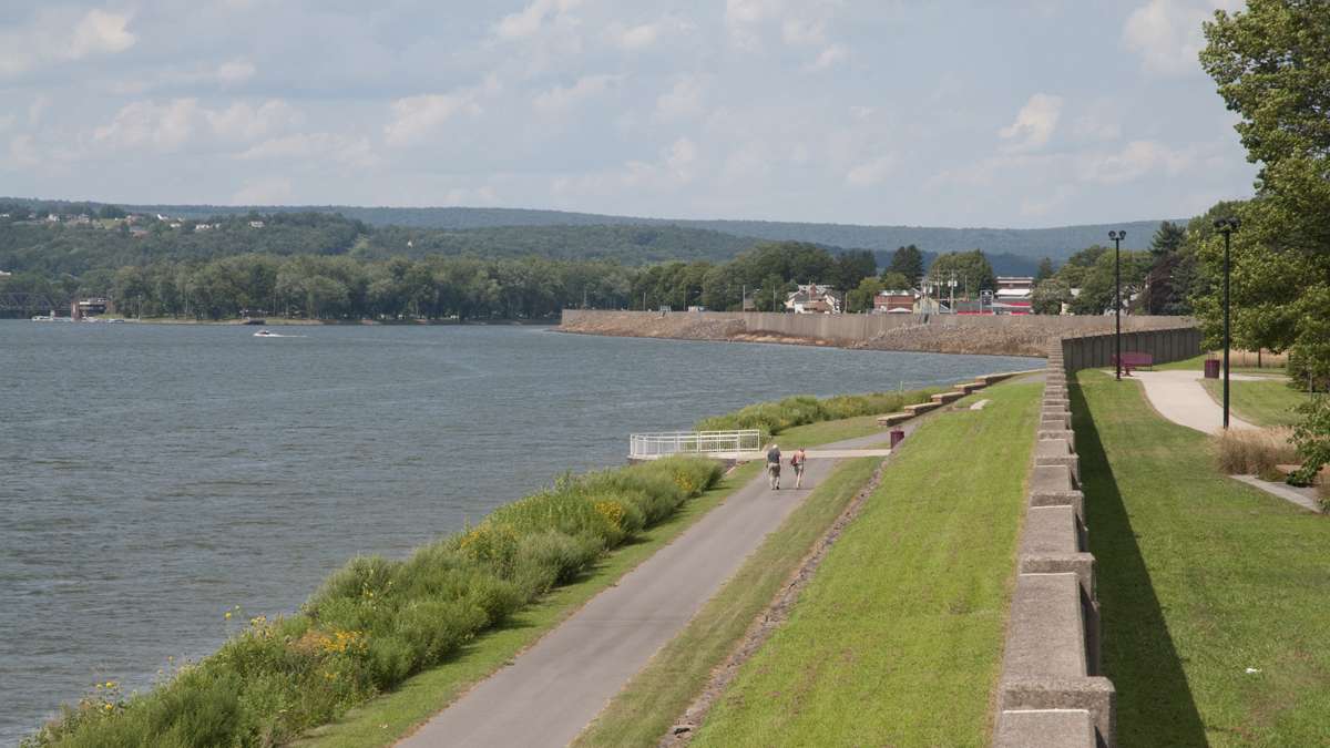 Pedestrian paths run along both sides of the flood wall in Sunbury. (Diana Robinson/WITF)