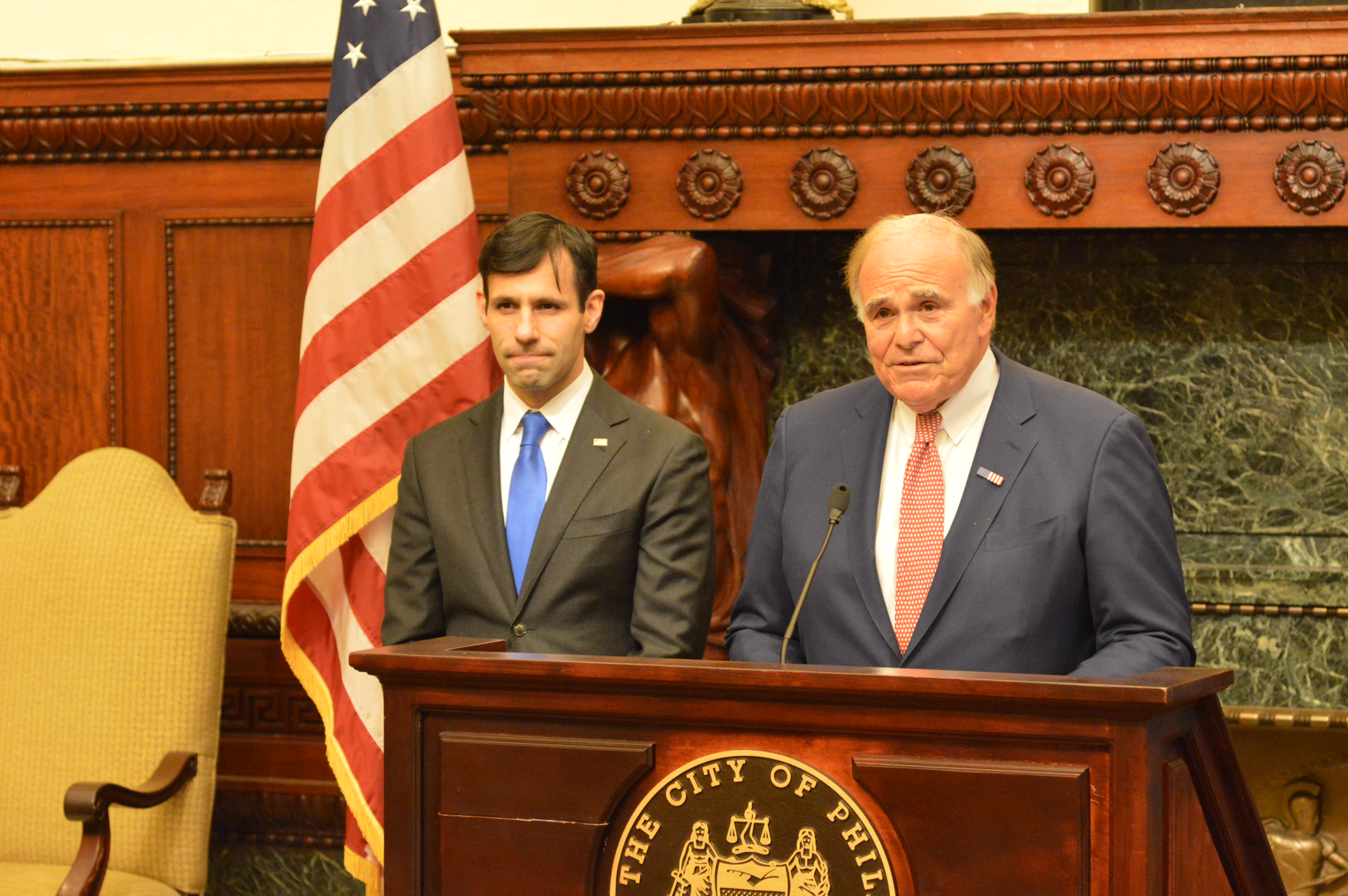  Former Pennsylvania Gov. and Philadelphia Mayor Ed Rendell endorses Joe Khan in his campaign to be Philadelphia's next district attorney at City Hall Wednesday. (Tom MacDonald/ WHYY) 