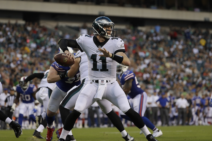 Philadelphia Eagles' Carson Wentz in action during the first half of an NFL preseason football game against the Buffalo Bills, Thursday, Aug. 17, 2017, in Philadelphia. (AP Photo/Michael Perez)