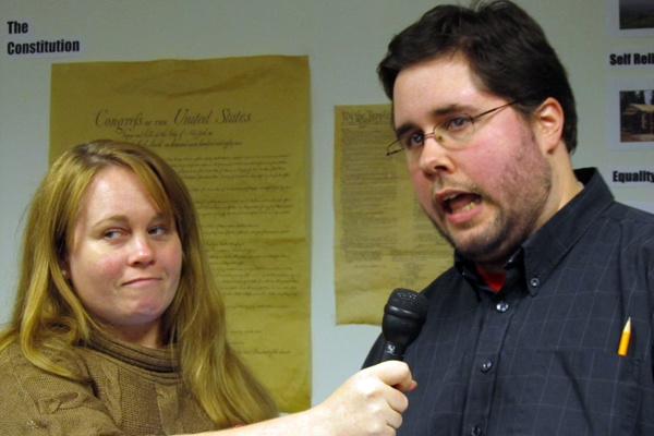 <p><p>Jessica Snow, playing a reporter, interviews actor Chris Morse during a rehearsal of the play "Battle Hymn," by Ludmilla Bollow of Wisconsin. (Peter Crimmins/WHYY)</p></p>
