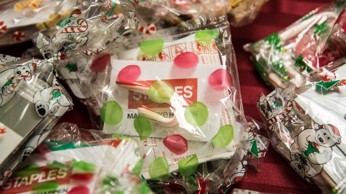 Teachers at Richard Wright elementary school receive donated gifts from parents and supporters in the suburbs of Philadelphia.