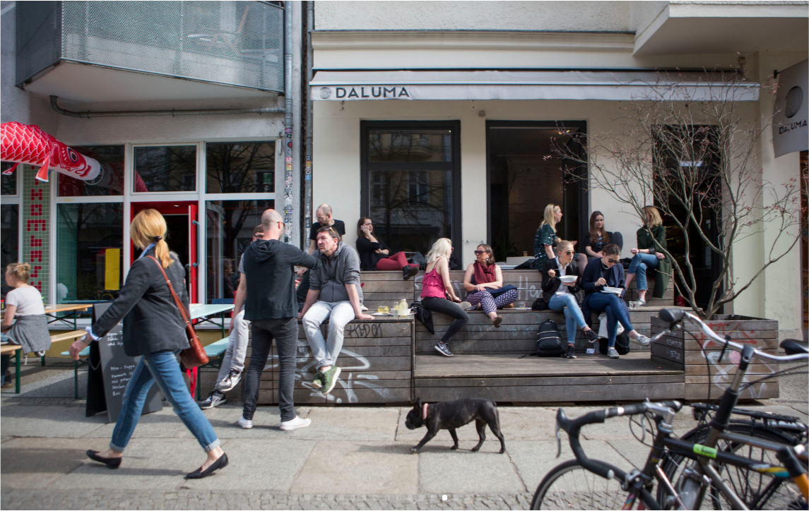 Outside seating at a trendy restaurant in Old Mitte. (Jessica Kourkounis for Keystone Crossroads)