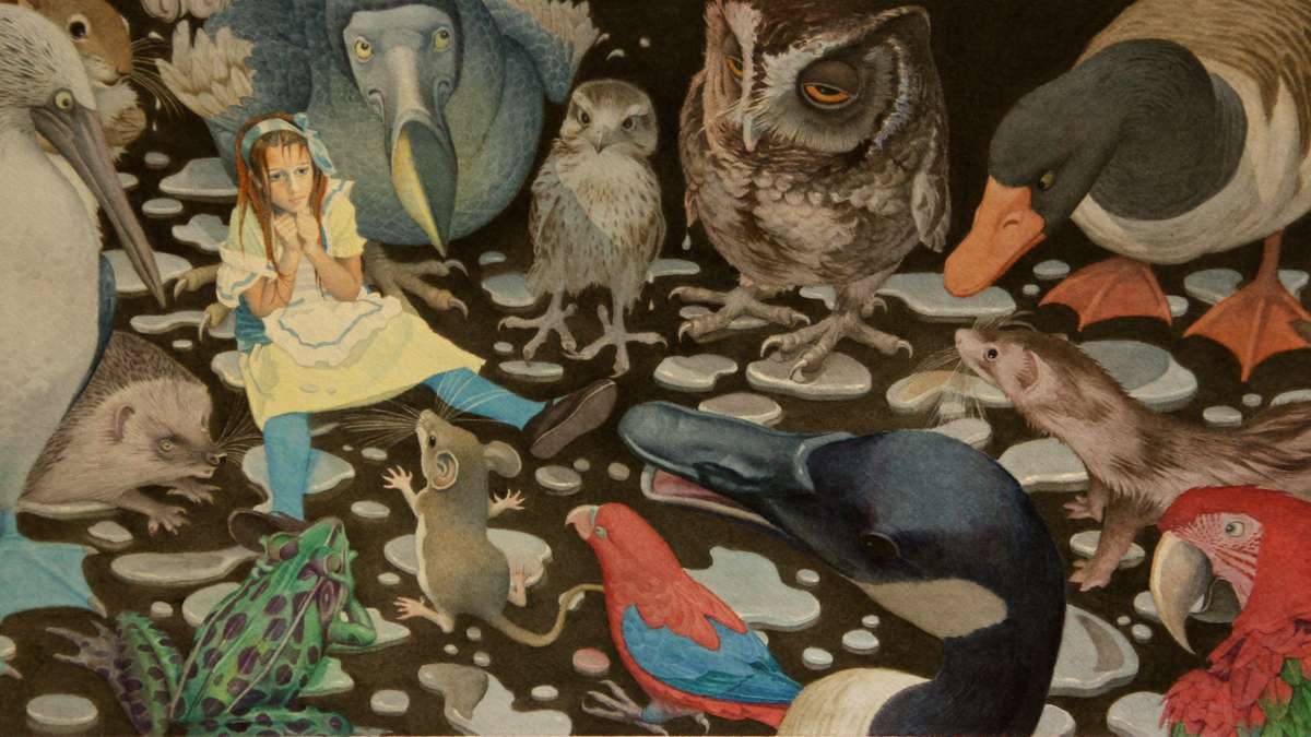 Alice and her strange companions try to dry off after swimming through a pool of tears. (Illustration by Charles Santore)