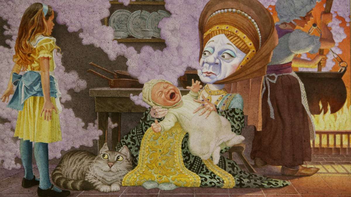 In a pepper-filled room, Alice meets the Duchess and her wailing baby. (Illustration by Charles Santore)