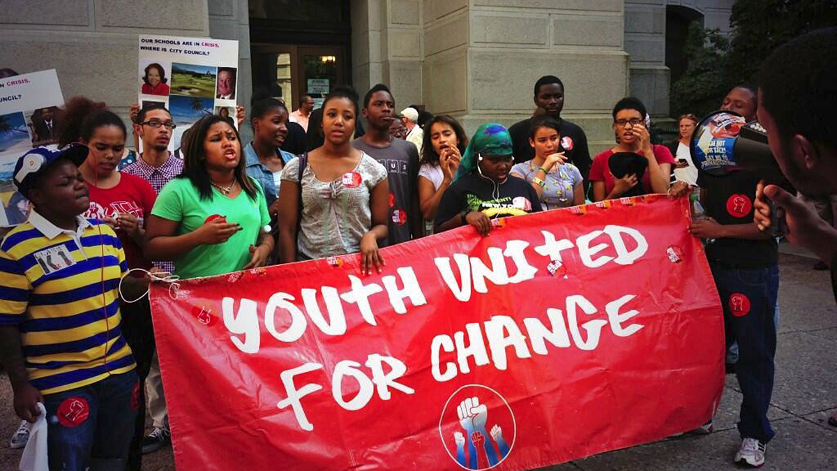  Students rally for additional school funding outside of City Hall in Philadelphia on Tuesday.  (Holly Otterbein/WHYY)  