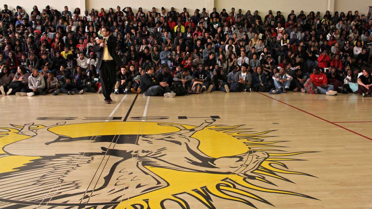 Students at Carver High School of Engineering and Science assemble in the gym to celebrate the school's improved rank in the state School Performance Profile. (Emma Lee/WHYY)