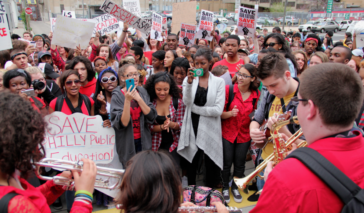  Students from the Philadelphia High School for the Creative and Performing Arts protesting budget cuts in May. (Emma Lee/for NewsWorks, file) 