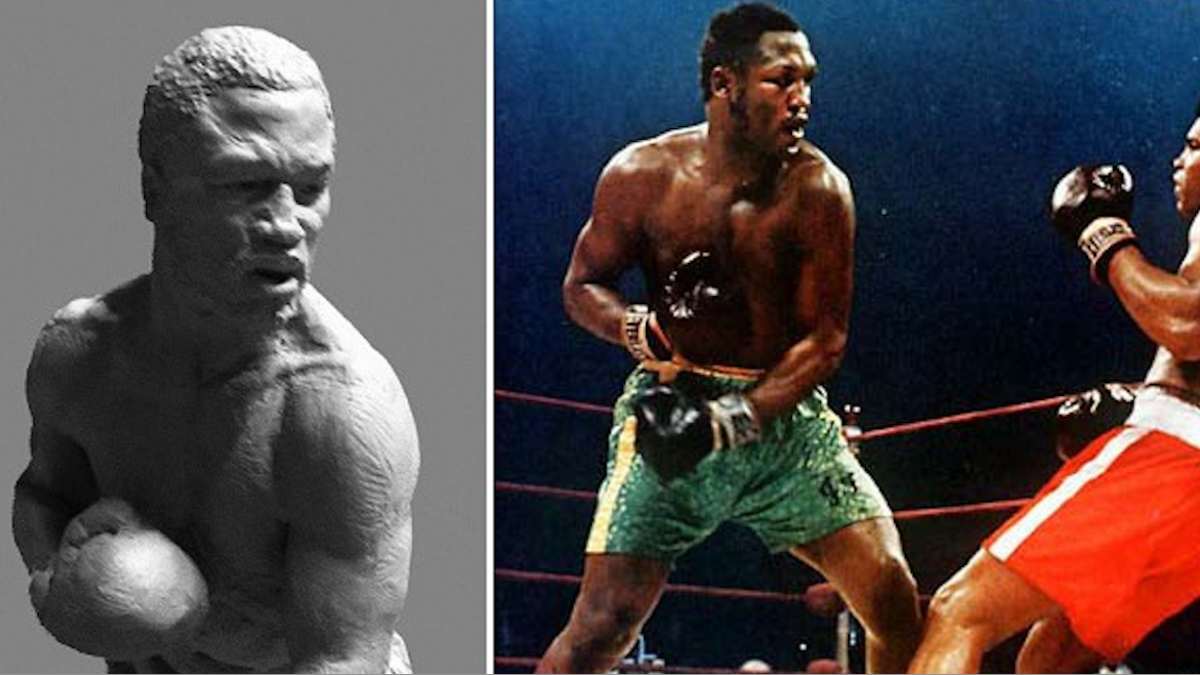  Sculptor and Overbrook native Lawrence Nolan's winning submission for the Joe Frazier statue was based on Smokin' Joe's pose when knocking Muhammad Ali down in their first fight. (Courtesy of Nolan) 