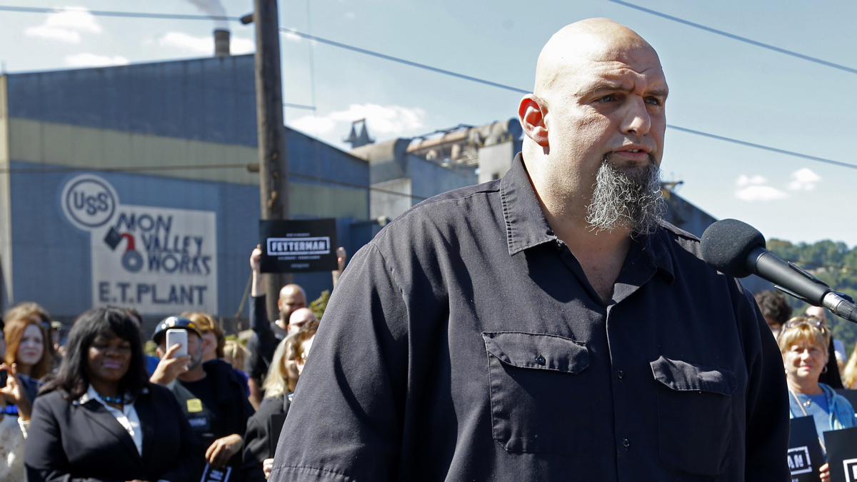  John Fetterman, the mayor of Braddock, Pennsylvania, addresses a crowd while announcing his candidacy for the U.S. Senate Monday in Braddock. (AP Photo/Keith Srakocic) 