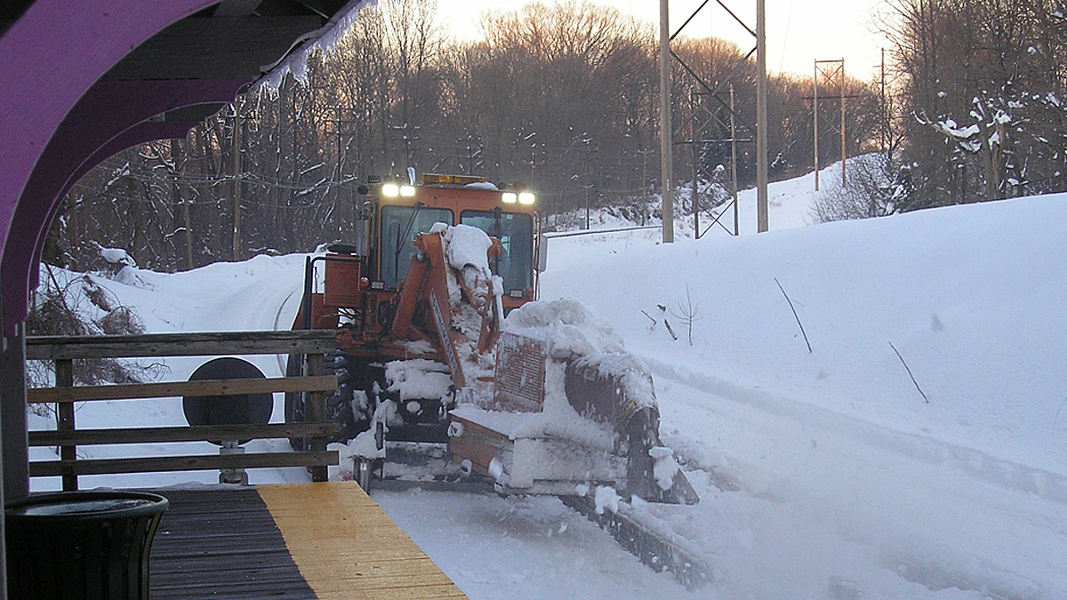 One of SEPTA's snow-clearing strategies involves attaching a jet engine to a vehicle in order to blow snow off the railroad tracks. (Courtesy of SEPTA) 