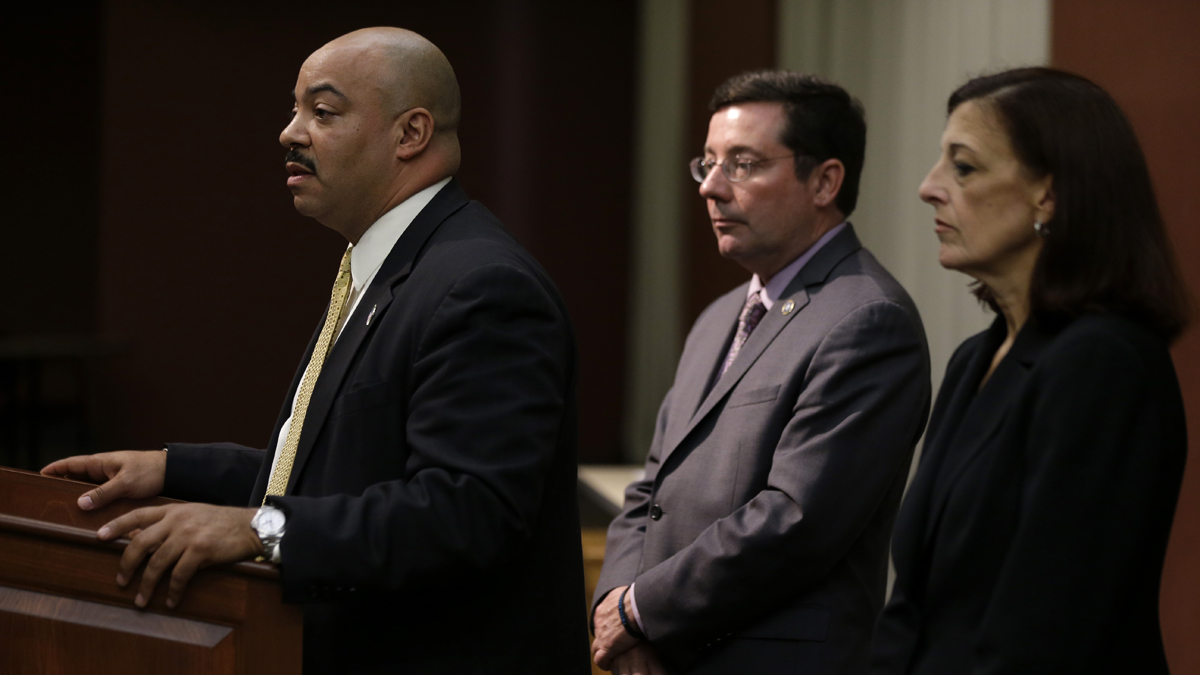  Philadelphia District Attorney Seth Williams, left, accompanied by 1st Assistant District Attorney Ed McCann, center, and Assistant District Attorney Joanne Pescatore, announces during a news conference on May 22 in Philadelphia that Herbert and Catherine Schaible, who believe in faith healing over medicine, have been charged with murder after a second child died of pneumonia.  (AP Photo/Matt Rourke, file) 