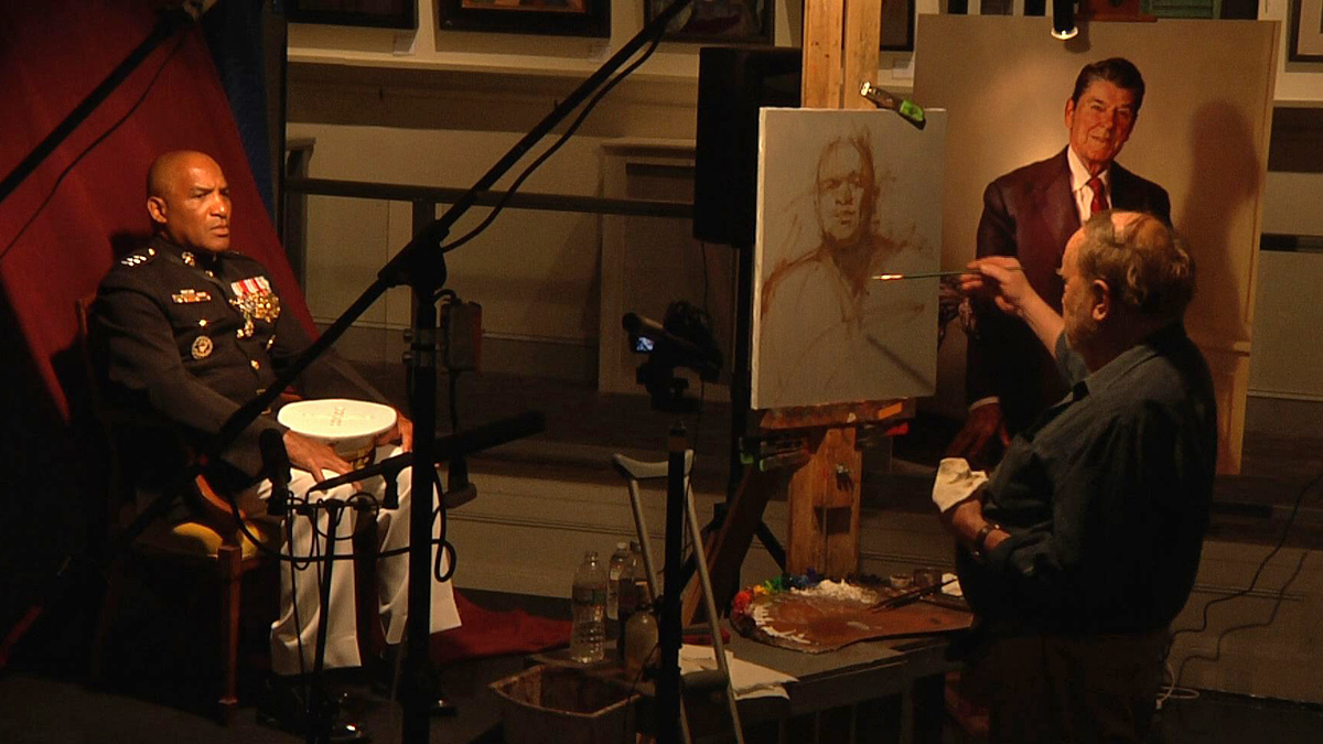  Nelson Shanks paints a portrait of Lieutenant General Ronald Coleman.  (Charlie Kaier/WHYY)  
