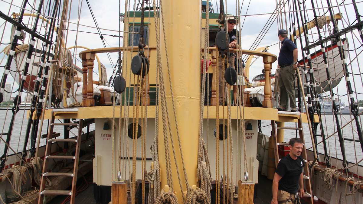The barque Picton Castle is a three-masted tall ship based in Lunenburg, Nova Scotia. Known for training sailors, it has been around the world six times. (Emma Lee/WHYY)