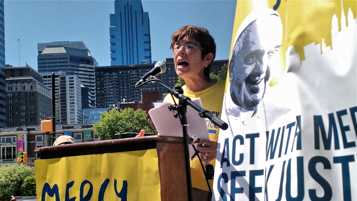  Sister Mary Scullion, co-founder of Project HOME, speaks at a press conference in front of the Free Library of Philadelphia announcing the creation of the Francis Fund. (Katie Colaneri/WHYY) 