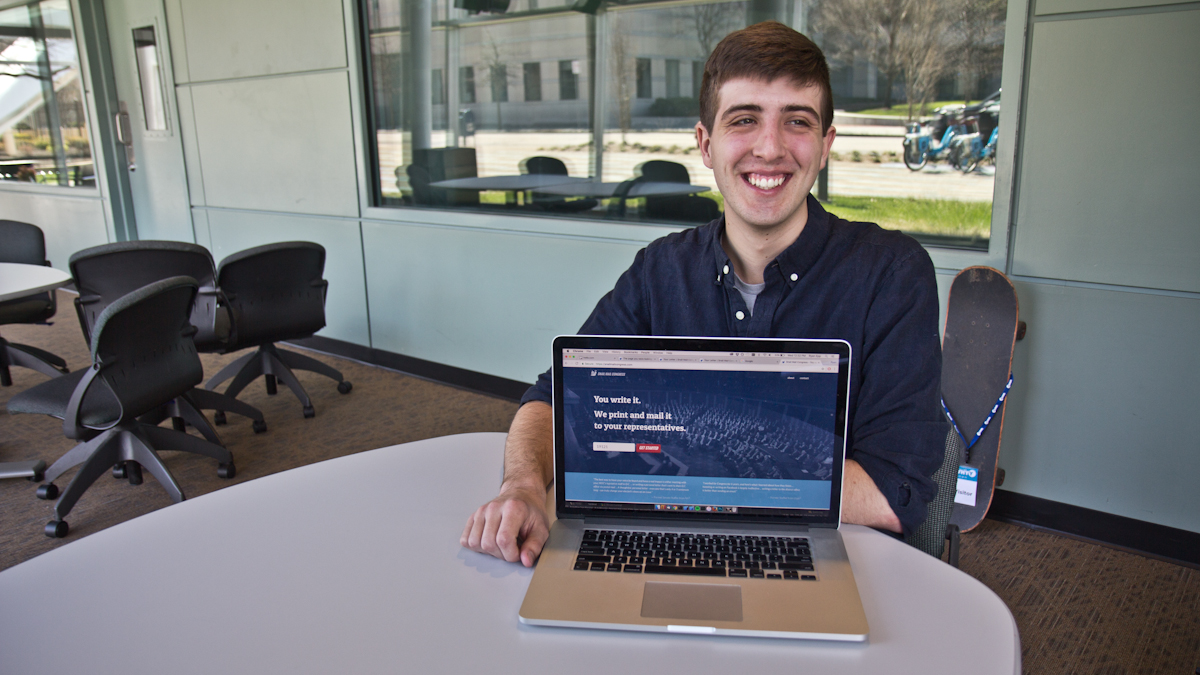  Temple graduate Ryan Epp is the creator of Snail Mail Congress which gets constituent concerns to elected officials using the postal service. (Kimberly Paynter/WHYY) 