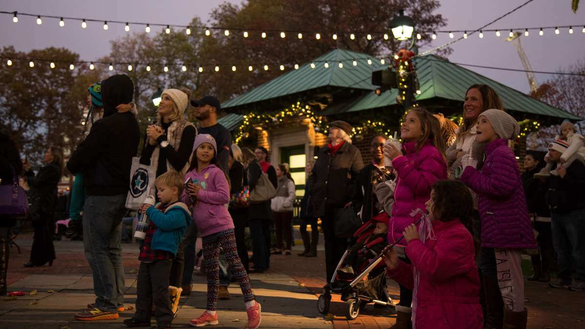 Families gaze upon the first light show of the season at Franklin Square Park during its annual holiday festival, running November 10 through December 31.