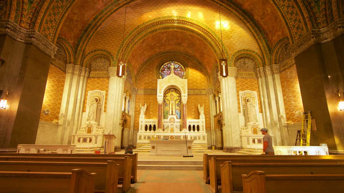 Inside of St. Francis de Sales Roman Catholic Church there are still signs of construction but all the scaffolding has been removed. (Nathaniel Hamilton/for NewsWorks)