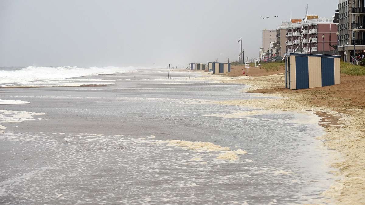 Tropical Storm Hermine passed by the Delaware Coast over Labor Day Weekend bringing wind, rain and high surf with dangerous rip currents, which had the beach totally closed on Saturday after Lifeguards went on duty. Sunday brought a sunny and windy day with rough surf, however the beach was open but the water red flagged for swimming. Beach Erosion occurred as the pounding surf continues to roll up the beach during high tide. Crowds were noticeably down as the storm churned up and out to sea. (Chuck Snyder for NewsWorks)