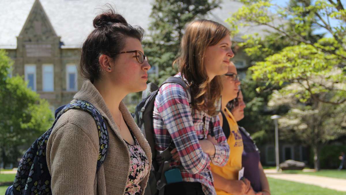 West Chester University students listen as women tell their stories of sexual assault and harrassment. (Emma Lee/for NewsWorks)