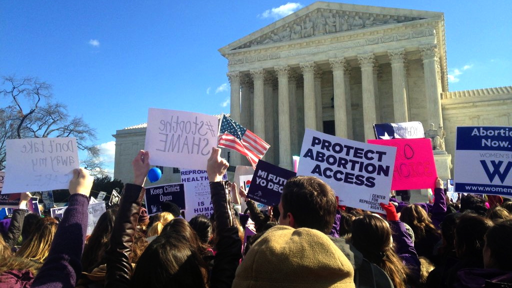 Demonstrators gather while the U.S. Supreme Court hears arguments in a Texas abortion case which could have a ripple effect in Pennsylvania. (Photo via Women's Law Project)