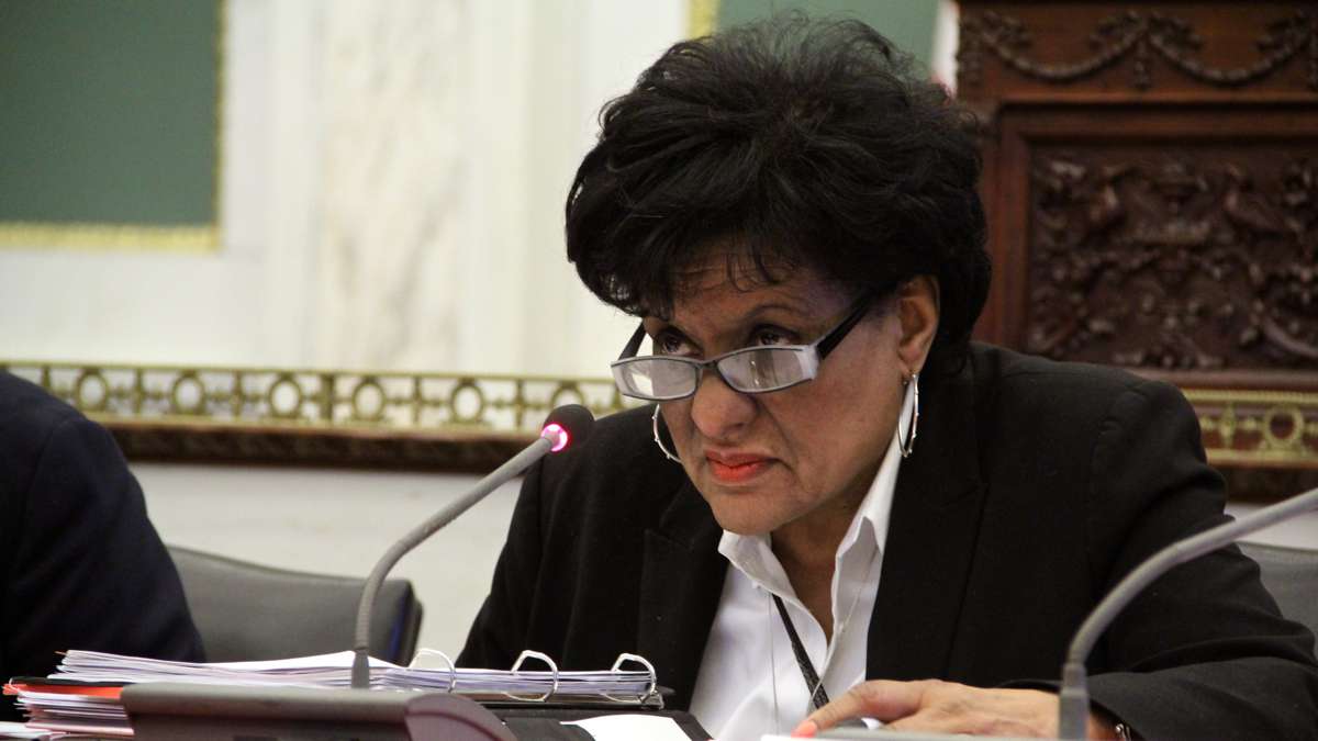 Jannie Blackwell, chair of Education Committee of Philadelphia City Council, listens to testimony on the value of stadardized testing. (Emma Lee/WHYY)