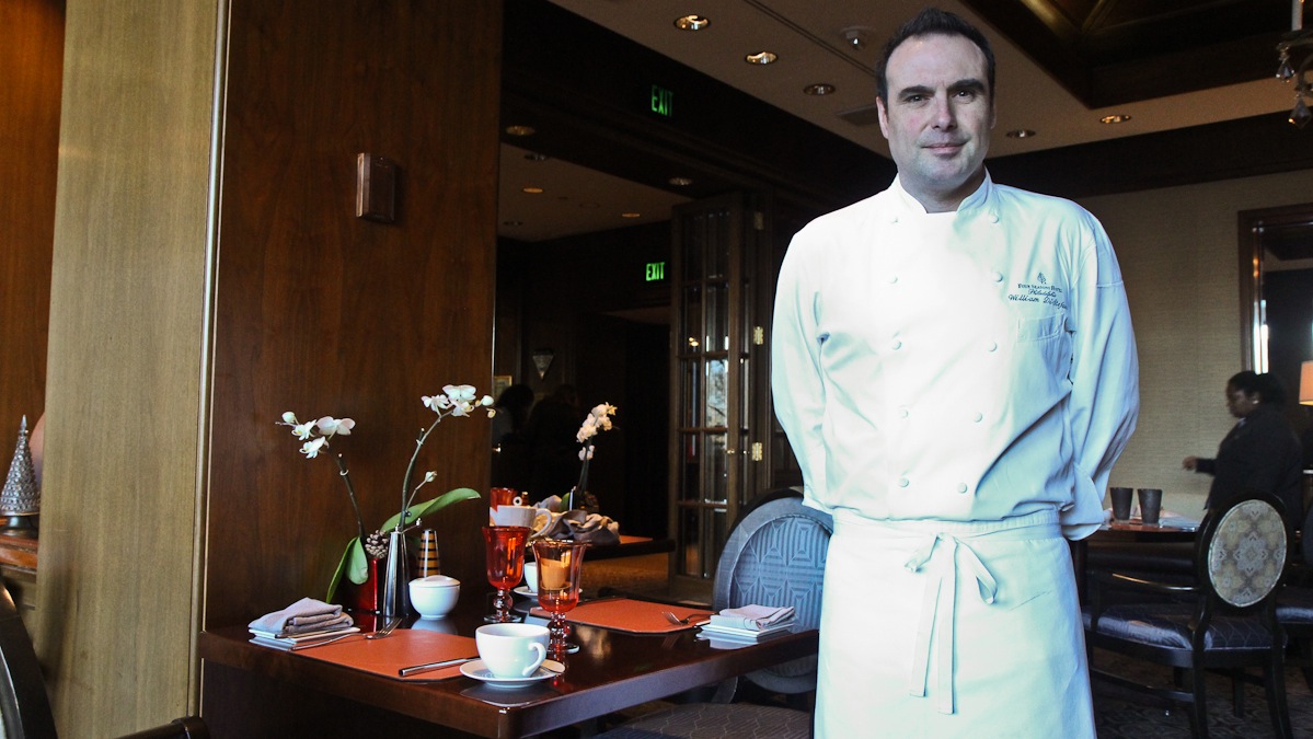 Chef William DiStefano stands in The Fountain restaurant at Philadelphia's Four Seasons Hotel. (Kimberly Paynter/WHYY)