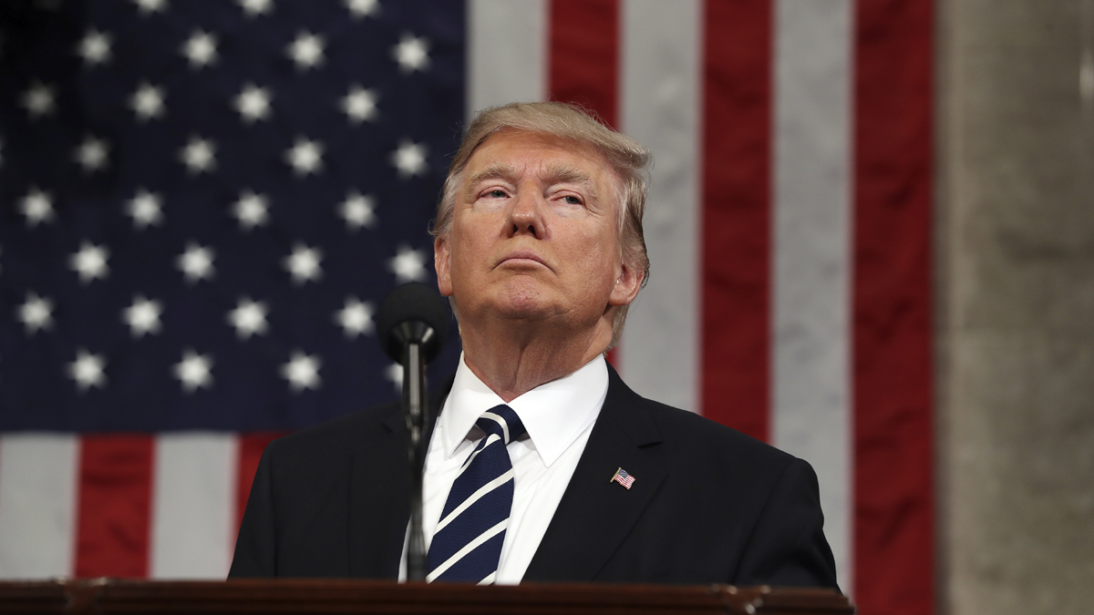  President Donald J. Trump delivers his first address to a joint session of Congress from the floor of the House of Representatives in Washington, D.C., on Feb. 28. (Jim Lo Scalzo/Pool Image via AP) 