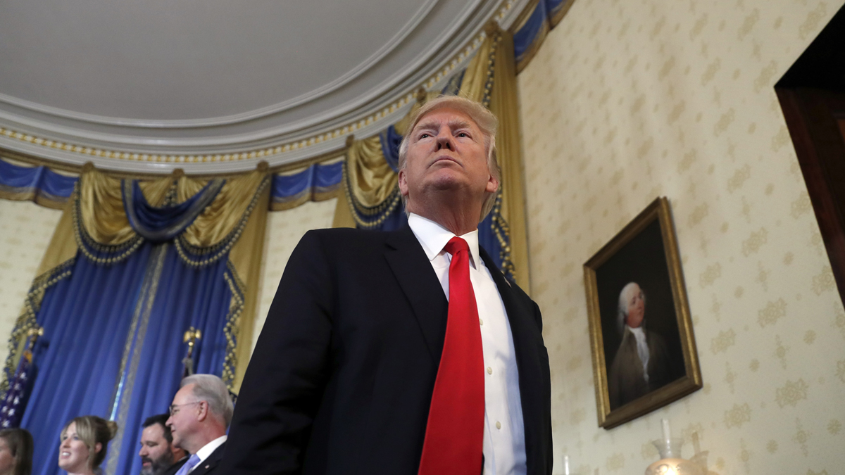 President Donald Trump departs after speaking during an event about healthcare in the Blue Room of the White House, Monday, July 24, 2017, in Washington. (AP Photo/Alex Brandon) 