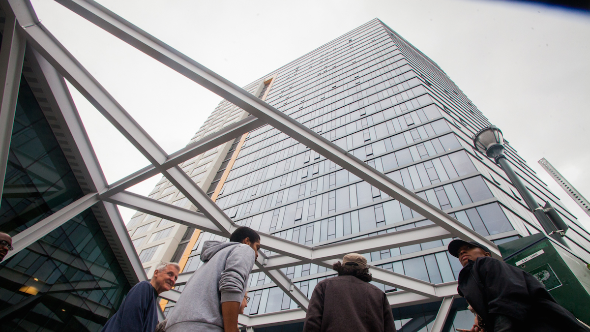 The Summit is a high rise student apartment building on 36th Street and Lancaster Avenue in Univeristy City. (Brad Larrison for NewsWorks)