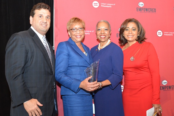 <p><p>Urban League board chair, Robert Keyes of Enterprise Holdings, Empowerment Award winner and president of United Bank of Philadelphia Evelyn Smalls, Urban League president and CEO Patricia A. Coulter, Renee Chenault Fattah of NBC10 (Photo courtesy of Paul Coker)</p></p>

