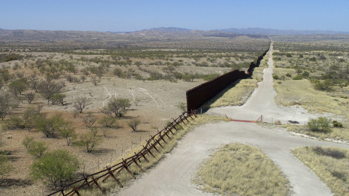  A drone view of the U.S.-Mexico border fence outside Nogales, Arizona, Saturday, April 1, 2017. (AP Photo/Brian Skoloff) 