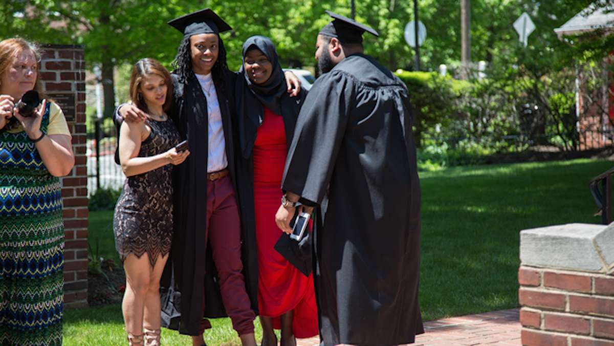 Students take photos outside before their graduation ceremony at the Valley Forge Military College, May 20, 2016.